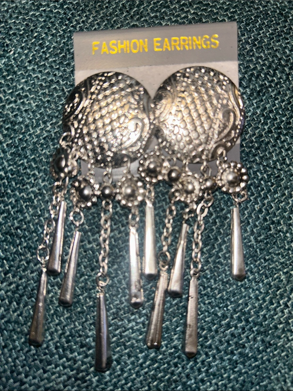 Vintage Silver Dangle Earrings with Textured Discs and Chains